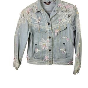 Lee For Girls Denim Jacket Light Wash  Cottagecore Lace Pink Bows Retro Boho 8
